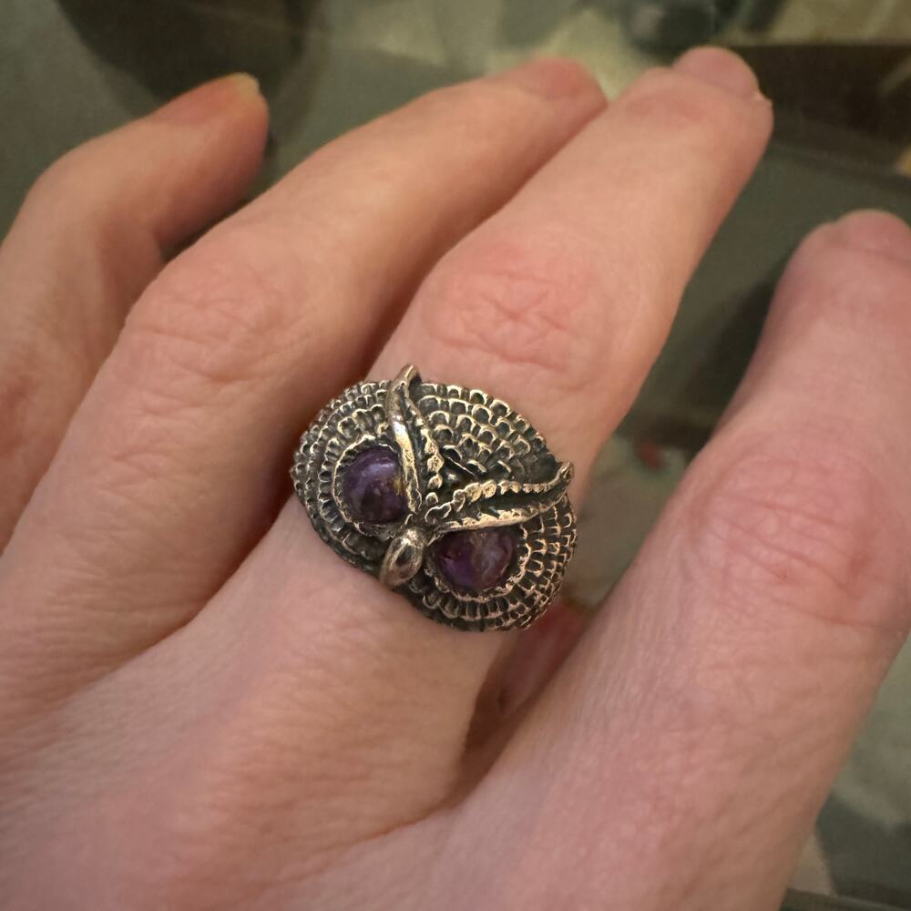 NEW! Owl Sterling Silver 925 Blackened Artisan Ring! Size 7 Silver Purple Black - Picture 2 of 6
